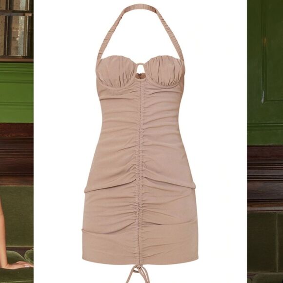 Prettylittlething taupe ruched front Halterneck bodycon dress, size4 - Picture 8 of 13